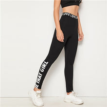 Load image into Gallery viewer, SHEIN Black Slogan Print Leggings Women Bottoms 2019 Autumn Elastic Waist Active Wear Leisure Skinny Long Leggings