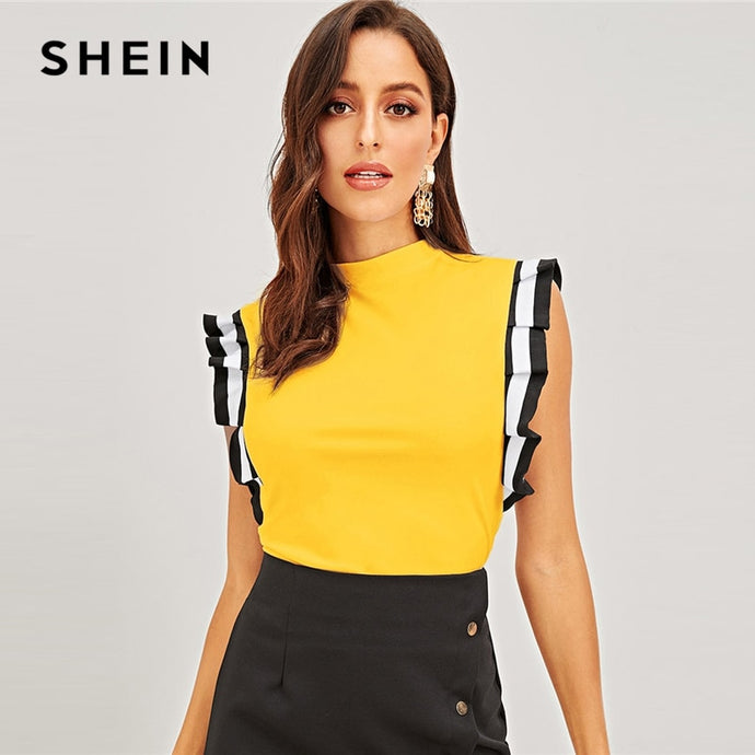 SHEIN Mock Neck Striped Pleated Ruffle Armhole Top Women Stand Collar Sleeveless T-shirt Ladies Spring Stretchy Tees