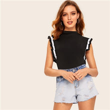 Load image into Gallery viewer, SHEIN Mock Neck Striped Pleated Ruffle Armhole Top Women Stand Collar Sleeveless T-shirt Ladies Spring Stretchy Tees