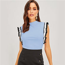 Load image into Gallery viewer, SHEIN Mock Neck Striped Pleated Ruffle Armhole Top Women Stand Collar Sleeveless T-shirt Ladies Spring Stretchy Tees