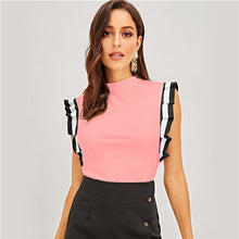 Load image into Gallery viewer, SHEIN Mock Neck Striped Pleated Ruffle Armhole Top Women Stand Collar Sleeveless T-shirt Ladies Spring Stretchy Tees