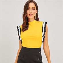 Load image into Gallery viewer, SHEIN Mock Neck Striped Pleated Ruffle Armhole Top Women Stand Collar Sleeveless T-shirt Ladies Spring Stretchy Tees