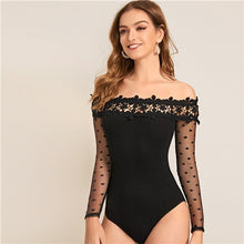 Load image into Gallery viewer, SHEIN Black Off The Shoulder Contrast Lace Bardot Party Bodysuit Women 2019 Autumn Mesh Long Sleeve Elegant Skinny Bodysuits