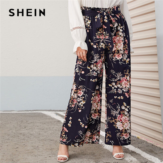 SHEIN Plus Size Multicolor Paperbag Waist Floral Print Wide Leg Pants Women Autumn Spring Boho Belted Long Loose Trousers