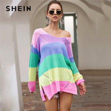 Load image into Gallery viewer, SHEIN Rainbow Striped Drop Shoulder Long Sweater Women Tops 2019 Autumn Streetwear Long Sleeve V Neck Oversized Split Sweaters