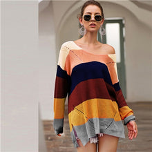 Load image into Gallery viewer, SHEIN Rainbow Striped Drop Shoulder Long Sweater Women Tops 2019 Autumn Streetwear Long Sleeve V Neck Oversized Split Sweaters