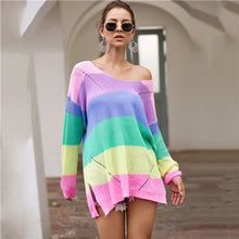 Load image into Gallery viewer, SHEIN Rainbow Striped Drop Shoulder Long Sweater Women Tops 2019 Autumn Streetwear Long Sleeve V Neck Oversized Split Sweaters