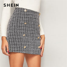 Load image into Gallery viewer, SHEIN Black and White Double Breasted Tweed Skirts Womens Autumn Winter Mid Waist Elegant A Line Ladies Sheath Mini Plaid Skirt