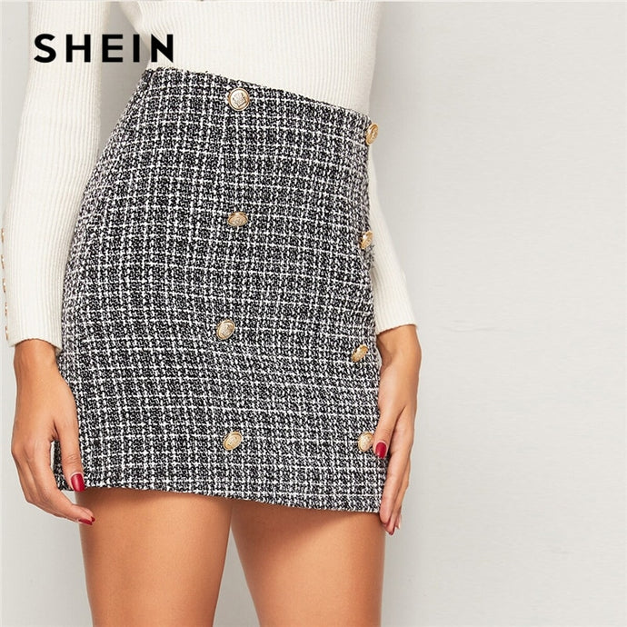 SHEIN Black and White Double Breasted Tweed Skirts Womens Autumn Winter Mid Waist Elegant A Line Ladies Sheath Mini Plaid Skirt