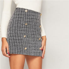 Load image into Gallery viewer, SHEIN Black and White Double Breasted Tweed Skirts Womens Autumn Winter Mid Waist Elegant A Line Ladies Sheath Mini Plaid Skirt