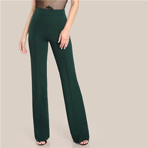 SHEIN Ginger High Rise Piped Pants Elegant Wide Leg Zipper Fly Plain Workwear Trousers Women Stretchy Highstreet Autumn Pants