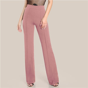 SHEIN Ginger High Rise Piped Pants Elegant Wide Leg Zipper Fly Plain Workwear Trousers Women Stretchy Highstreet Autumn Pants