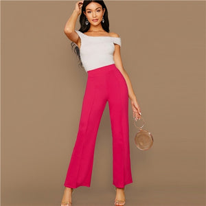 SHEIN Ginger High Rise Piped Pants Elegant Wide Leg Zipper Fly Plain Workwear Trousers Women Stretchy Highstreet Autumn Pants