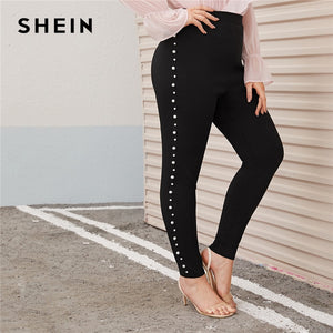 SHEIN Plus Size Pearl Embellished Black Skinny Pants Women Autumn Spring Solid Elegant Long Fitted Trousers Pencil Pants