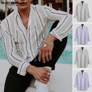 Men's V-Neck Long Sleeve Button Shirts Korean Style Vertical Stripe Personality Blouse INCERUN Camisa Masculina Male Tops 5XL