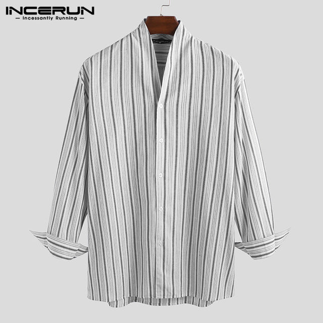 Men's V-Neck Long Sleeve Button Shirts Korean Style Vertical Stripe Personality Blouse INCERUN Camisa Masculina Male Tops 5XL