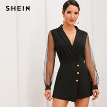 Load image into Gallery viewer, SHEIN Black Notch Collar Mesh Sleeve Button Wrap Trim Skirt Romper Women Autumn High Waist Solid Party Elegant Playsuit Rompers