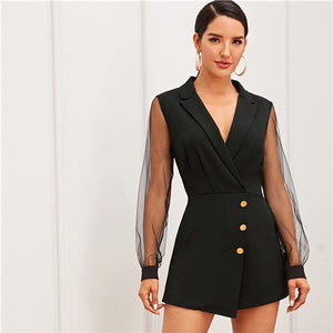 SHEIN Black Notch Collar Mesh Sleeve Button Wrap Trim Skirt Romper Women Autumn High Waist Solid Party Elegant Playsuit Rompers