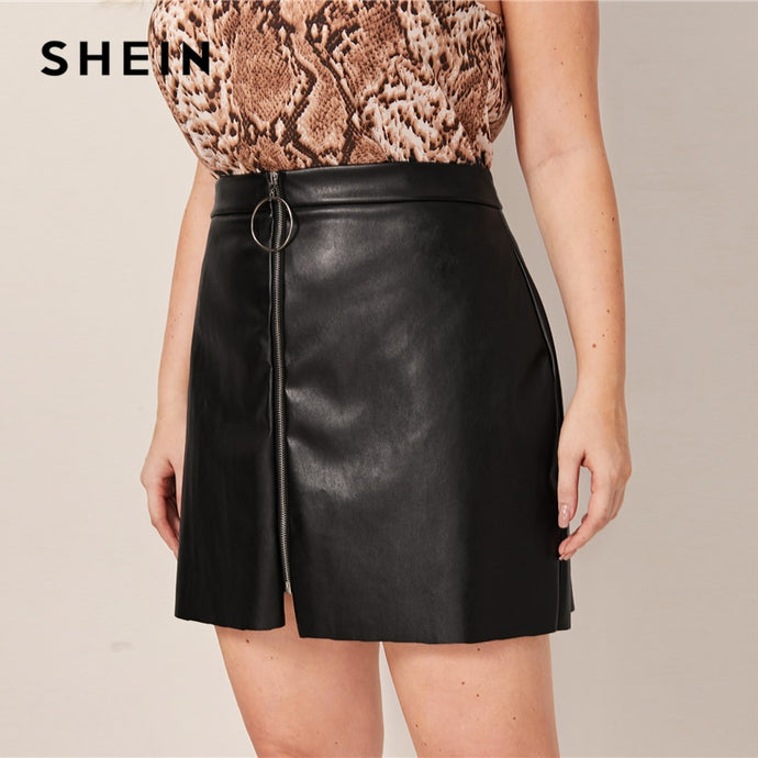 SHEIN Plus Size Black O-ring Zip Front PU Pencil Skirts Womens Autumn Solid Faux Leather Motor Storm Glamorous A Line Mini Skirt