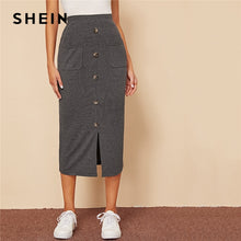 Load image into Gallery viewer, SHEIN Grey Single Breasted Split Hem Pocket Patched Rib-knit Skirts Womens Autumn High Waist Ladies Casual Straight Long Skirt