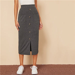 SHEIN Grey Single Breasted Split Hem Pocket Patched Rib-knit Skirts Womens Autumn High Waist Ladies Casual Straight Long Skirt