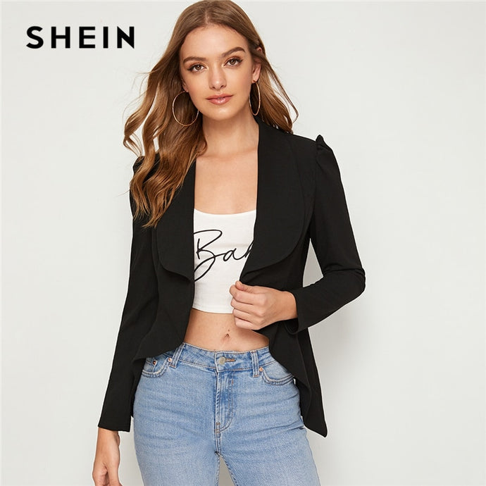 SHEIN Solid Waterfall Neck Asymmetrical Hem Elegant Blazer Women 2019 Autumn Puff Sleeve Slim Fitted Office Ladies Blazer Coats