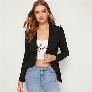 SHEIN Solid Waterfall Neck Asymmetrical Hem Elegant Blazer Women 2019 Autumn Puff Sleeve Slim Fitted Office Ladies Blazer Coats