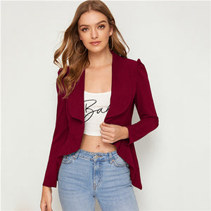 SHEIN Solid Waterfall Neck Asymmetrical Hem Elegant Blazer Women 2019 Autumn Puff Sleeve Slim Fitted Office Ladies Blazer Coats