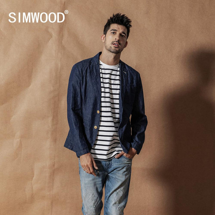 SIMWOOD 2019 autumn new casual blazer men denim jackets casual suits jacket high quality plus size 100% cotton coats  SI980543