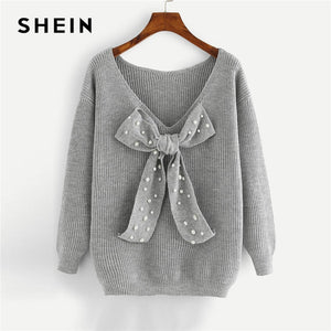 SHEIN Preppy Elegant Plus Size Dropped Shoulder Bow Detail Solid Pullovers Sweater Autumn Casual Workwear Women Jumpers