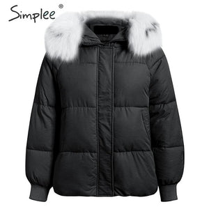 Simplee Plus size winter thick women hooded parkas Long sleeve fur collar female outwear oversized coat Casual ladies parkas