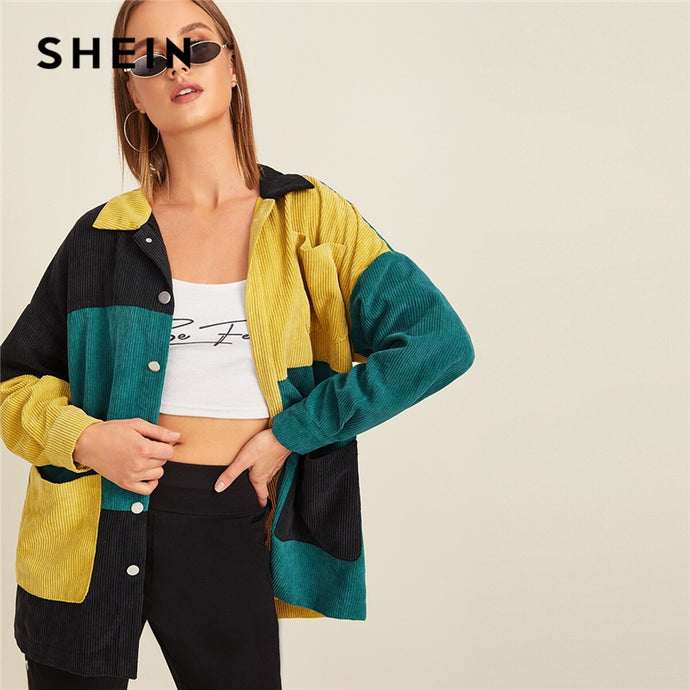 SHEIN Multicolor Pocket Front Colorblock Cord Jacket Coat Women Autumn Winter Single Breasted Long Sleeve Casual Outwear Coats