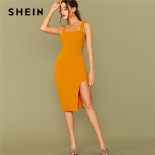 Load image into Gallery viewer, SHEIN Bright Yellow Solid Split Hem Sexy Thick Strap Dress Without Belt Women 2019 Autumn Sleeveless Night Out Bodycon Dresses