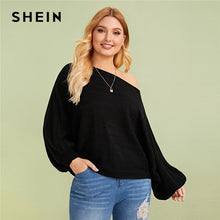 Load image into Gallery viewer, SHEIN Plus Size Black Asymmetrical Neck Drop Shoulder Oversized Sweater Pullover Women Autumn Batwing Sleeve Casual Sweaters