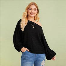 Load image into Gallery viewer, SHEIN Plus Size Black Asymmetrical Neck Drop Shoulder Oversized Sweater Pullover Women Autumn Batwing Sleeve Casual Sweaters