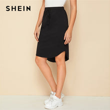 Load image into Gallery viewer, SHEIN Black Solid Drawstring Front High Low Hem Skirt Womens Bottoms 2019 Autumn Ladies Asymmetrical Casual Knee Lenth Skirts