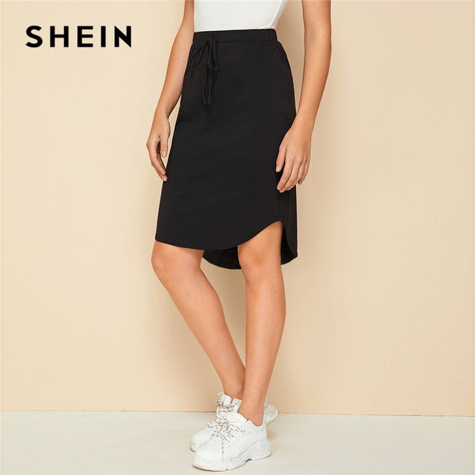 SHEIN Black Solid Drawstring Front High Low Hem Skirt Womens Bottoms 2019 Autumn Ladies Asymmetrical Casual Knee Lenth Skirts