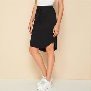 SHEIN Black Solid Drawstring Front High Low Hem Skirt Womens Bottoms 2019 Autumn Ladies Asymmetrical Casual Knee Lenth Skirts