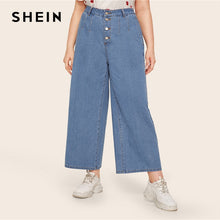 Load image into Gallery viewer, SHEIN Plus Size Blue Button Fly Wide Leg Jeans Women Autumn Button Fly Casual Long Loose Plus Denim Oversized Pants Jeans