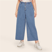 Load image into Gallery viewer, SHEIN Plus Size Blue Button Fly Wide Leg Jeans Women Autumn Button Fly Casual Long Loose Plus Denim Oversized Pants Jeans