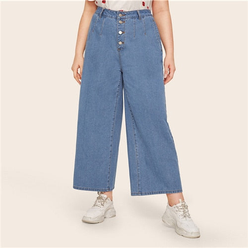 SHEIN Plus Size Blue Button Fly Wide Leg Jeans Women Autumn Button Fly Casual Long Loose Plus Denim Oversized Pants Jeans