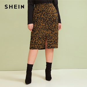 SHEIN Plus Size Leopard Print Split Front Casual Pencil Skirt Womens Bottoms 2019 Autumn Faux Fur Glamorous Straight Midi Skirts