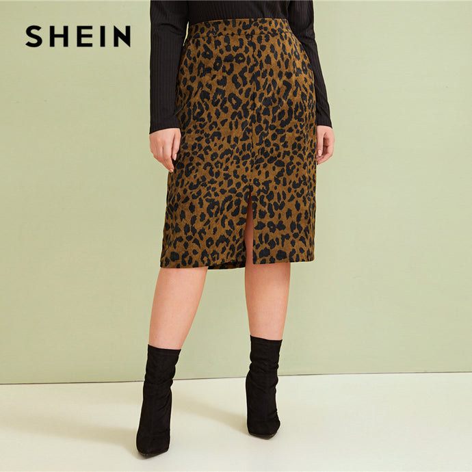 SHEIN Plus Size Leopard Print Split Front Casual Pencil Skirt Womens Bottoms 2019 Autumn Faux Fur Glamorous Straight Midi Skirts