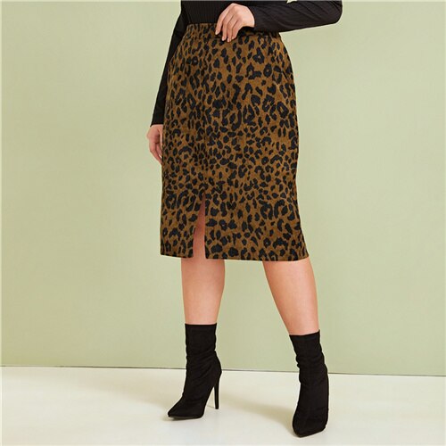 SHEIN Plus Size Leopard Print Split Front Casual Pencil Skirt Womens Bottoms 2019 Autumn Faux Fur Glamorous Straight Midi Skirts