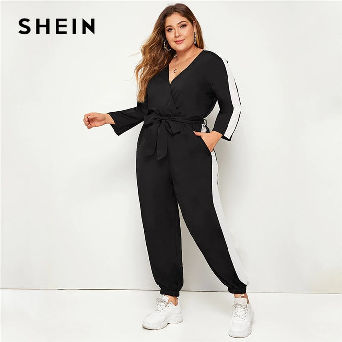 SHEIN Plus Size Colorblock Surplice Front Belted Jumpsuit Women Spring Autumn Casual V Neck Long Sleeve Sporting  Long Jumpsuits