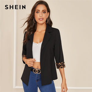 SHEIN Notched Collar Leopard Print Cuffed Sleeve Elegant Blazer Women 2019 Autumn Roll Up Sleeve Office Ladies Blazer Coats