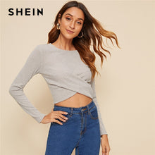 Load image into Gallery viewer, SHEIN Grey Wrap Cross Cropped Rib-knit Sweater Women Basic Tops Autumn Solid Long Sleeve Round Neck Elegant Fitted Sweaters