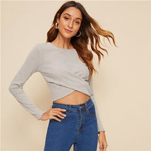 Load image into Gallery viewer, SHEIN Grey Wrap Cross Cropped Rib-knit Sweater Women Basic Tops Autumn Solid Long Sleeve Round Neck Elegant Fitted Sweaters