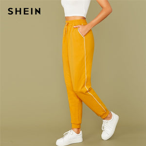 SHEIN Bright Yellow Drawstring Waist Contrast Piping Carrot Pants Women Autumn Active Wear High Waist Stretchy Casual Trousers