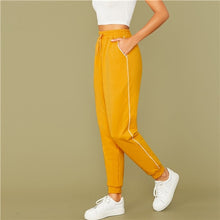 Load image into Gallery viewer, SHEIN Bright Yellow Drawstring Waist Contrast Piping Carrot Pants Women Autumn Active Wear High Waist Stretchy Casual Trousers